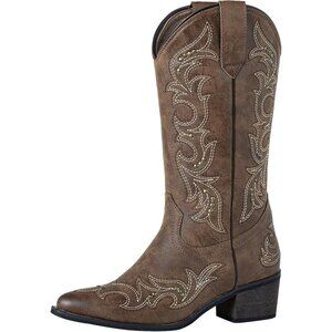 SheSole Western Boots Women Dark Brown Faux Leather Square Toe Wide Mid Calf